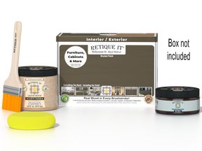 Retique It® Black Walnut Multi-purpose Smooth Finish Kit (Med) with applicator brushes and finishing tools inside the box.