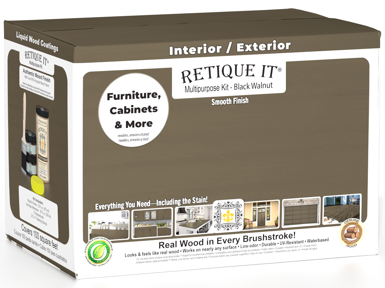 Large black walnut wood finish kit from Wood'n Finish Kits by Retique It®, featuring smooth application tools in a black walnut color.