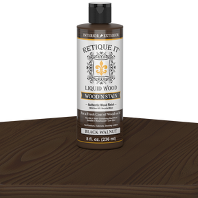 Retique It® Liquid Wood Wood'n Stain in 8 oz Black Walnut bottle, showing the dark stain color and product label.