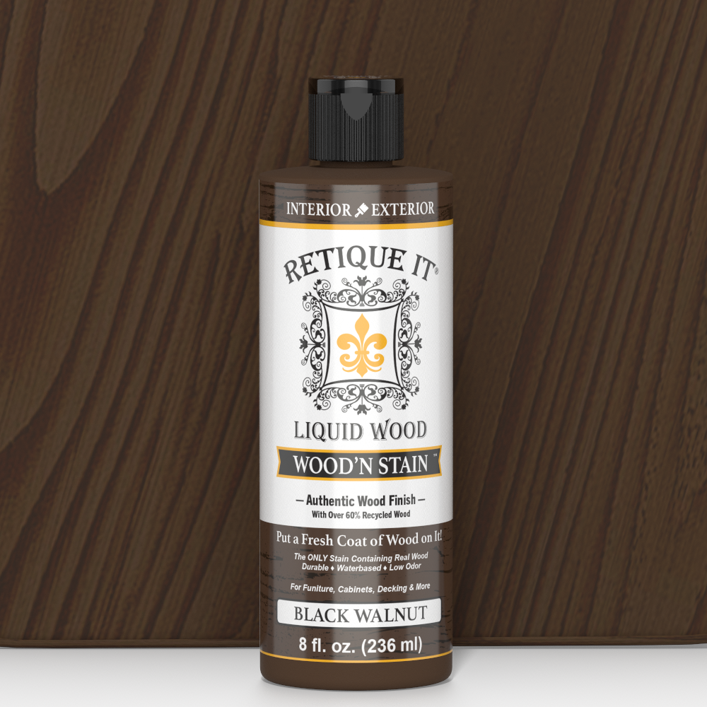Retique It® Liquid Wood Wood'n Stain in 8 oz Black Walnut, showcasing the dark brown stain color on a wood surface.