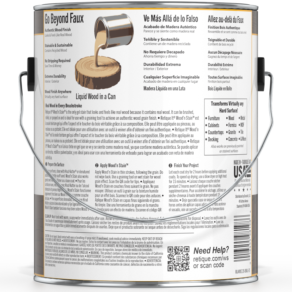 Liquid Wood Wood'n Stain in Black Walnut by Retique It®, 128 oz container, showcasing the dark wood stain color and product label.