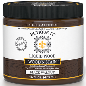 Retique It® Liquid Wood Wood'n Stain in Black Walnut, 16 oz bottle, showing the dark wood stain application on a surface.