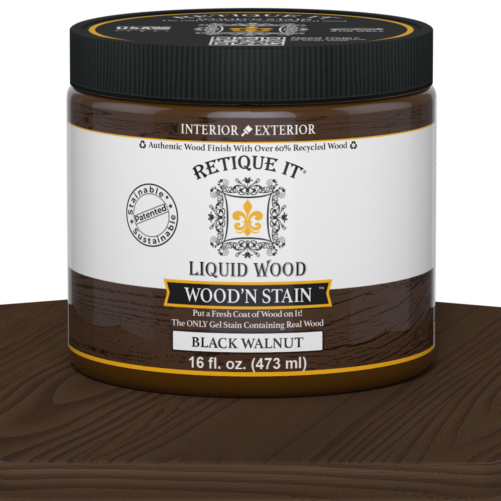 Liquid Wood Wood'n Stain in Black Walnut by Retique It®, 16 oz bottle, showcasing the rich, dark stain color and wood grain application.