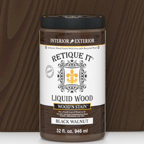 Retique It® Liquid Wood Wood'n Stain in Black Walnut, 32 oz bottle, showing the dark stain color and applicator cap.