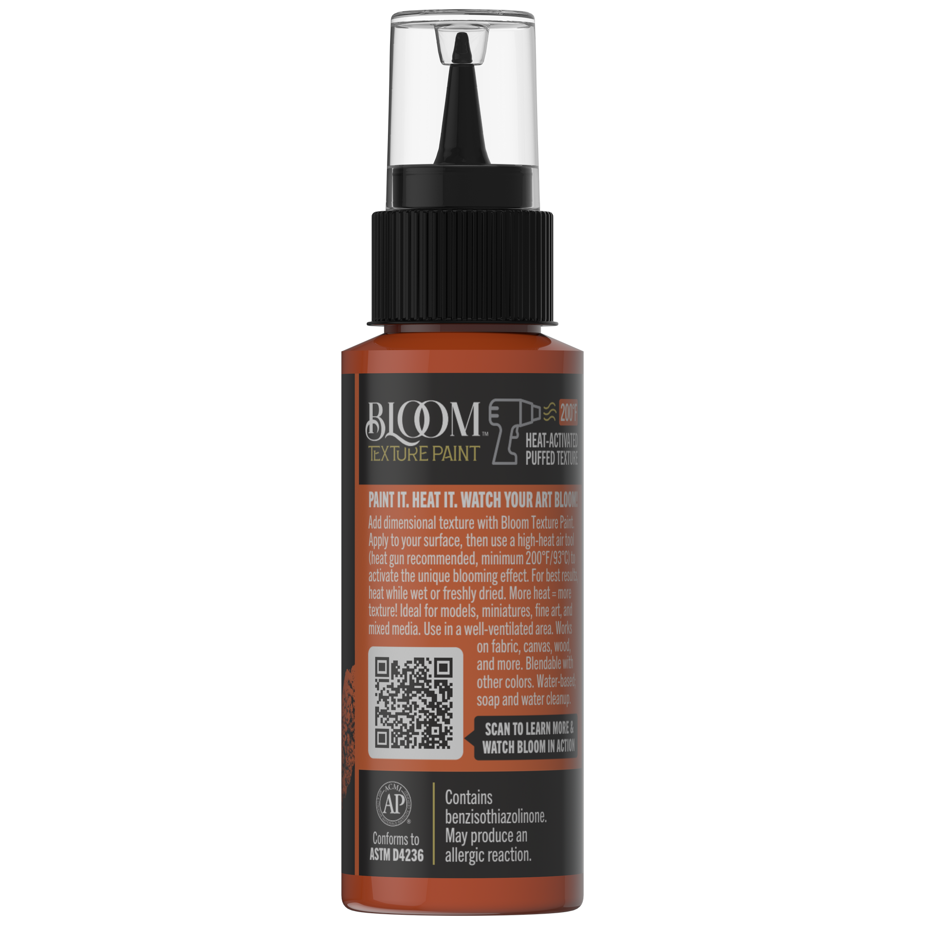 Back of DecoArt Bloom Texture Paint bottle in Molten Ochre showing product details and label.