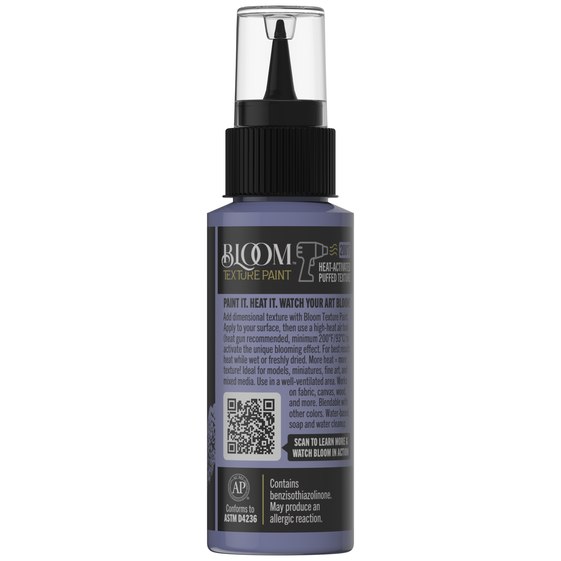 DecoArt Bloom Texture Paint in Bloomed Violet, shown from the back on a white background