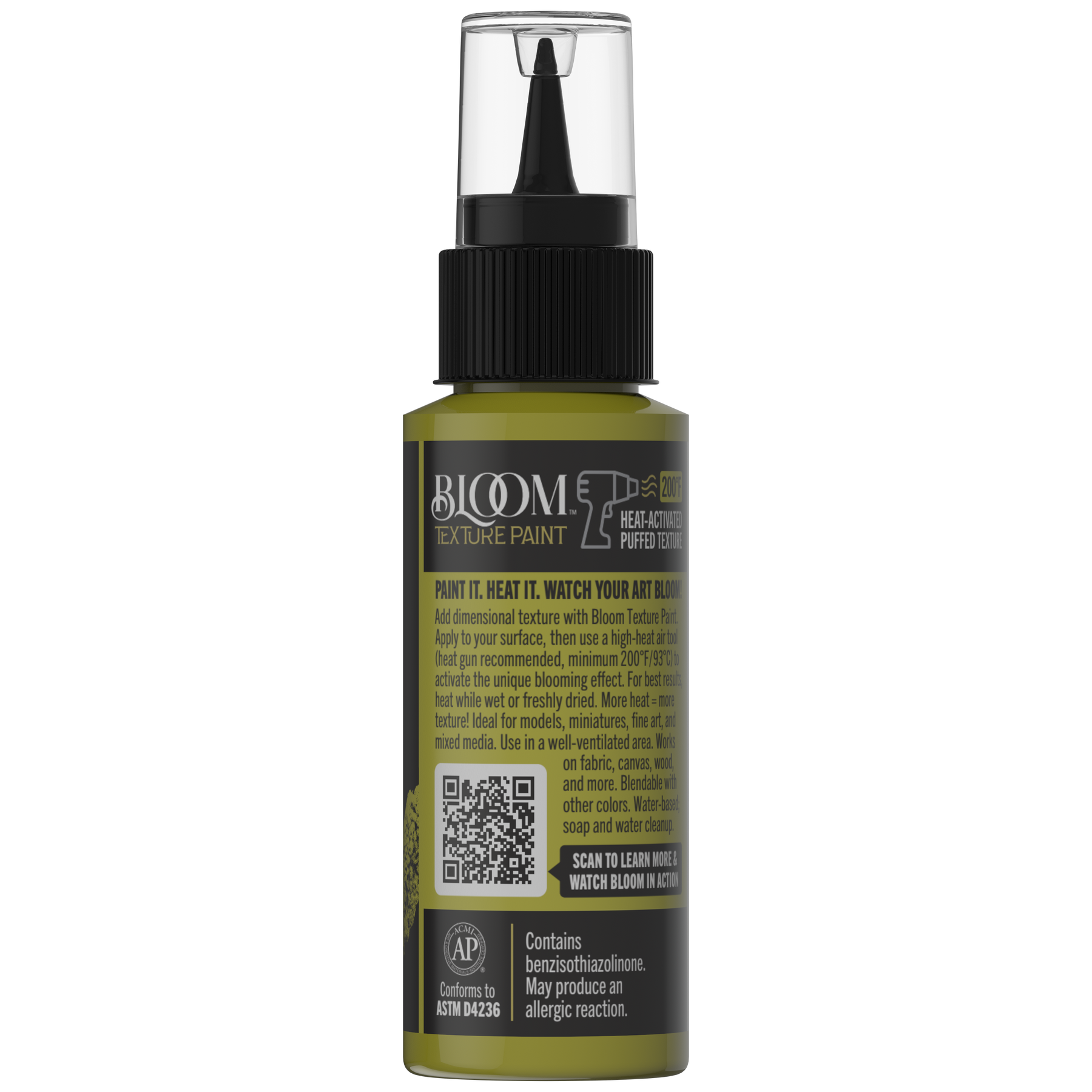 DecoArt Bloom Texture Paint in Acid Moss, back of bottle packaging from product image