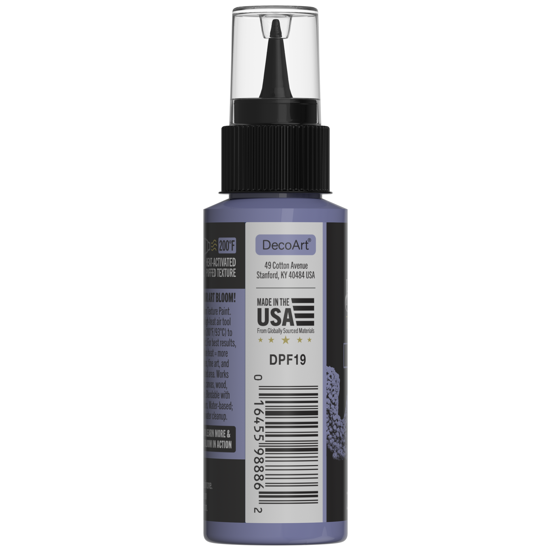 DecoArt Bloom Texture Paint in Bloomed Violet, shown in a purple paint container