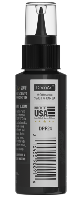 DecoArt Bloom Texture Paint in Carbon Void Black showing a textured black paint surface with artistic depth and finish.