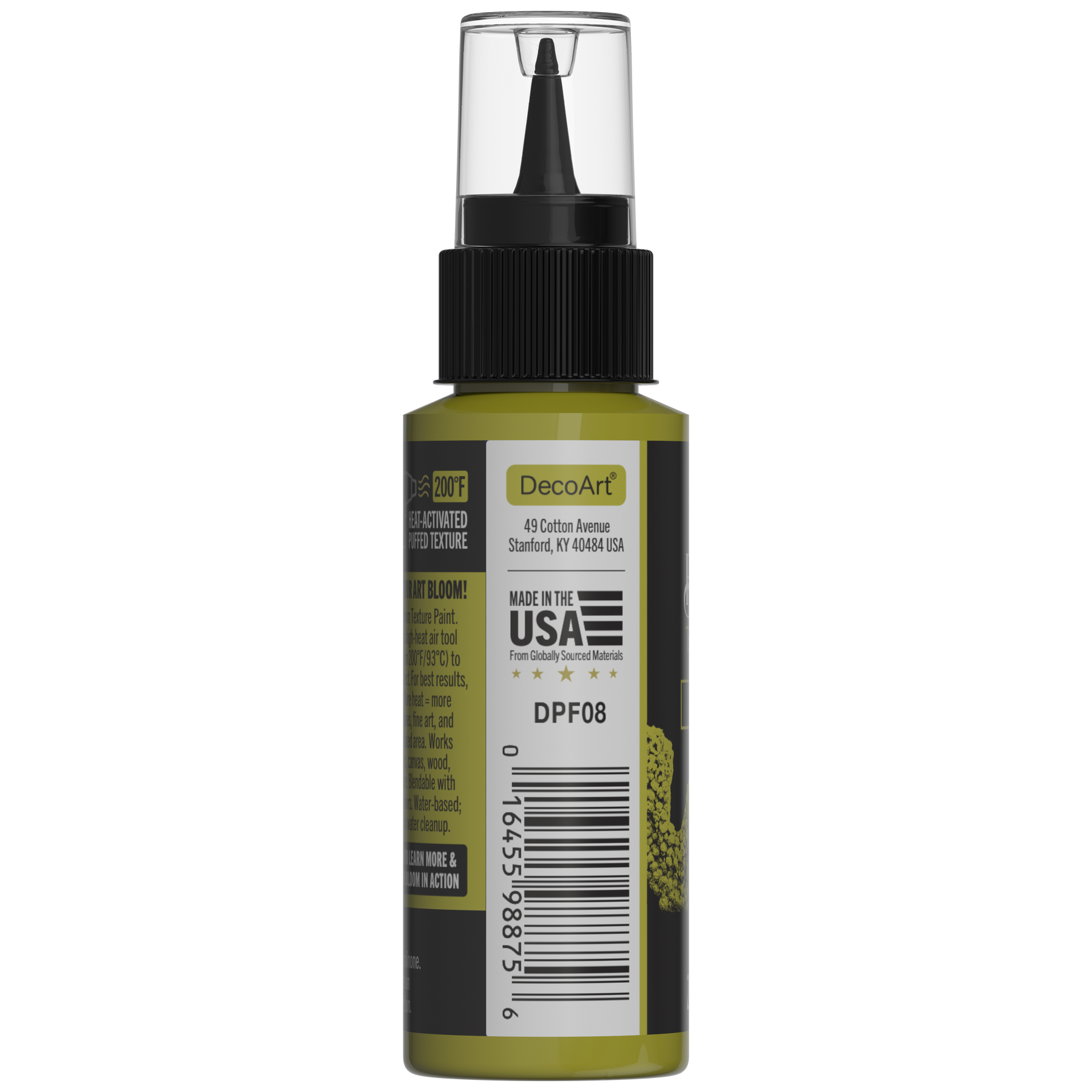 DecoArt Bloom Texture Paint in Acid Moss, green textured acrylic paint bottle and packaging