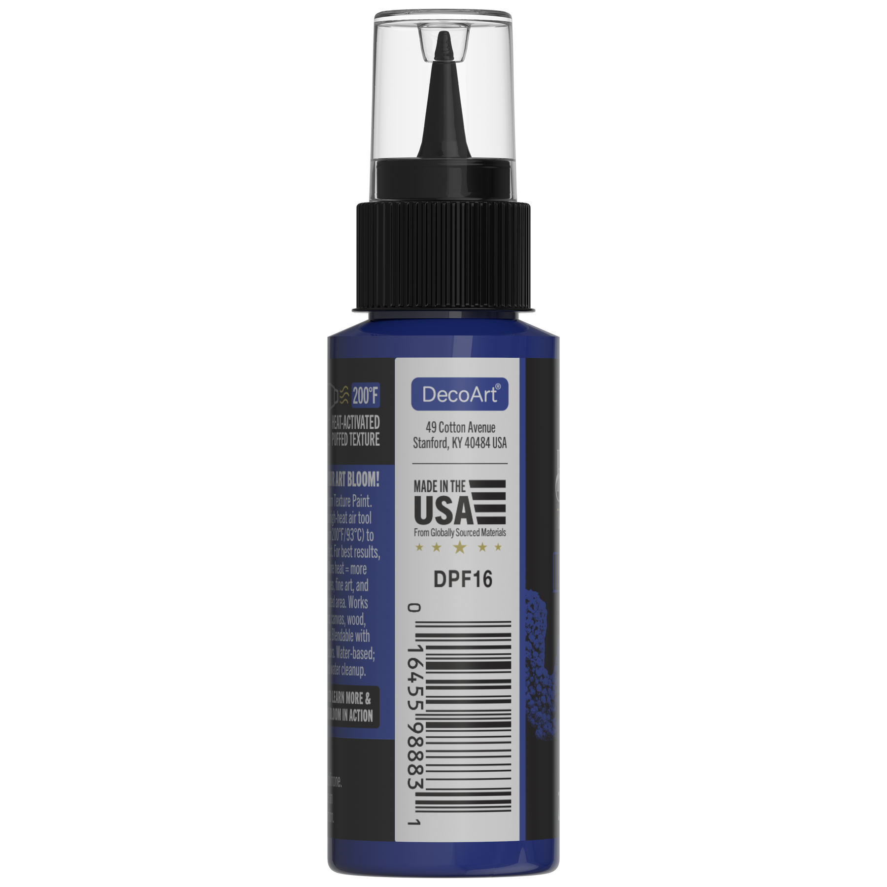 DecoArt Bloom Texture Paint in Prussian Depths, showing the deep blue paint finish and textured effect