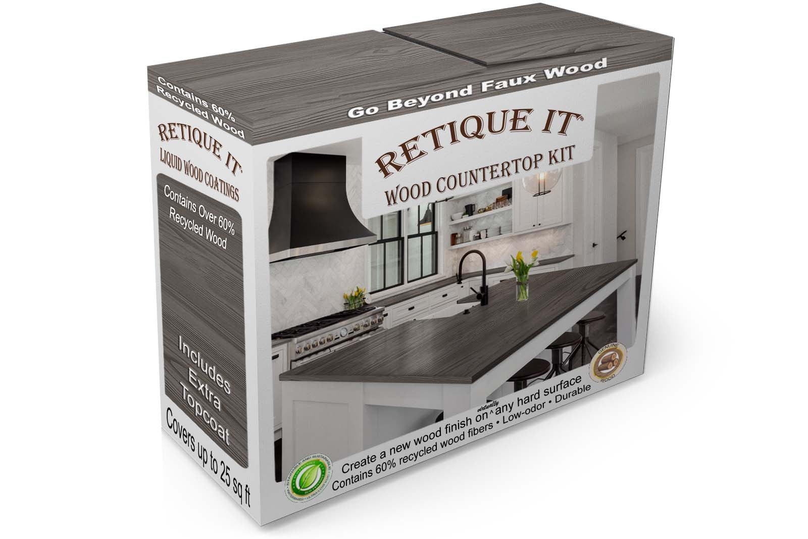 Retique It® Harbor Gray countertop kit box with stained kitchen island countertop showing wood grain finish.