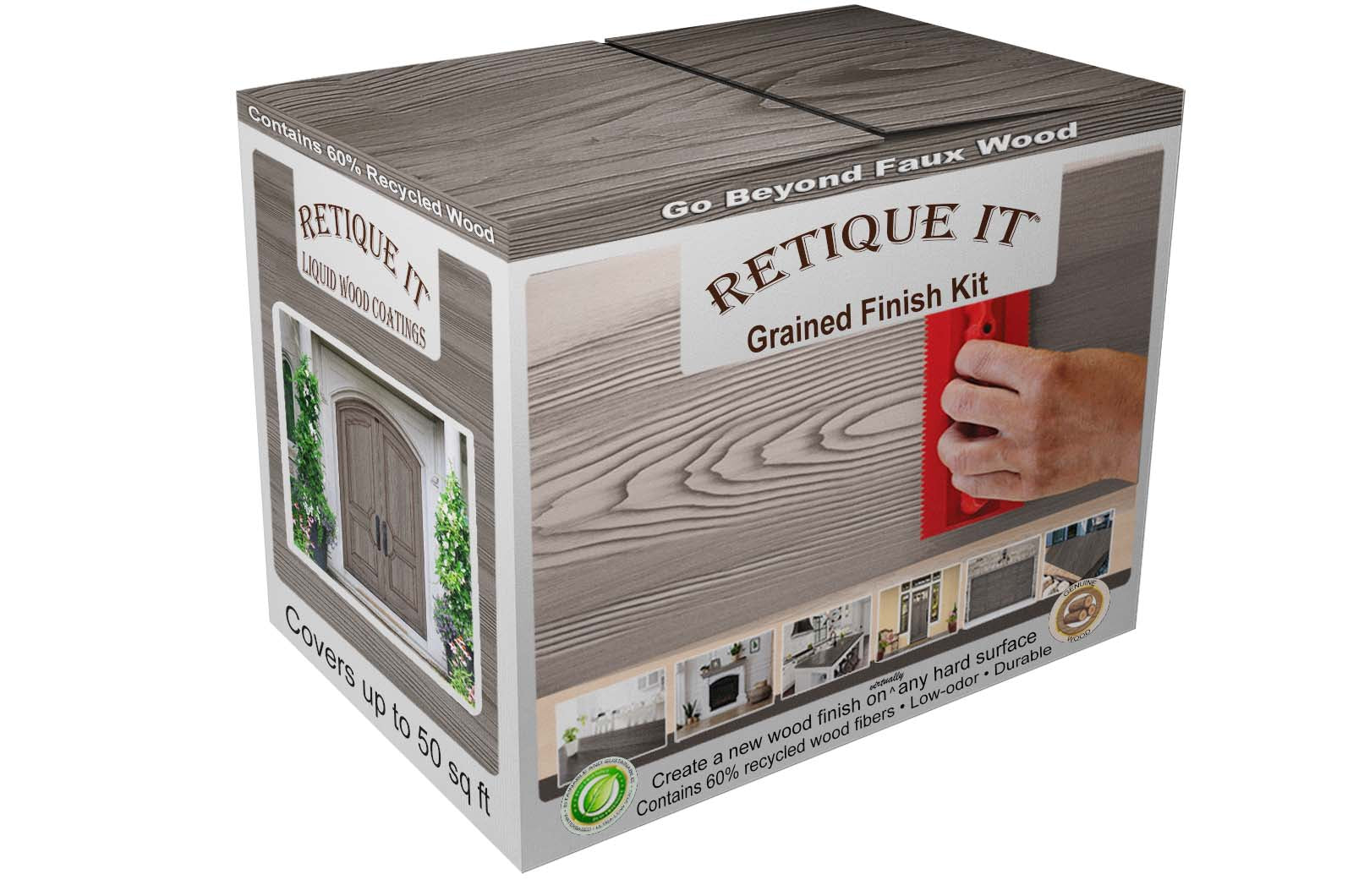Retique It Wood'n Finish Kit in Harbor Gray for exterior wood, featuring multi-purpose top coat and grained wood finish on box.