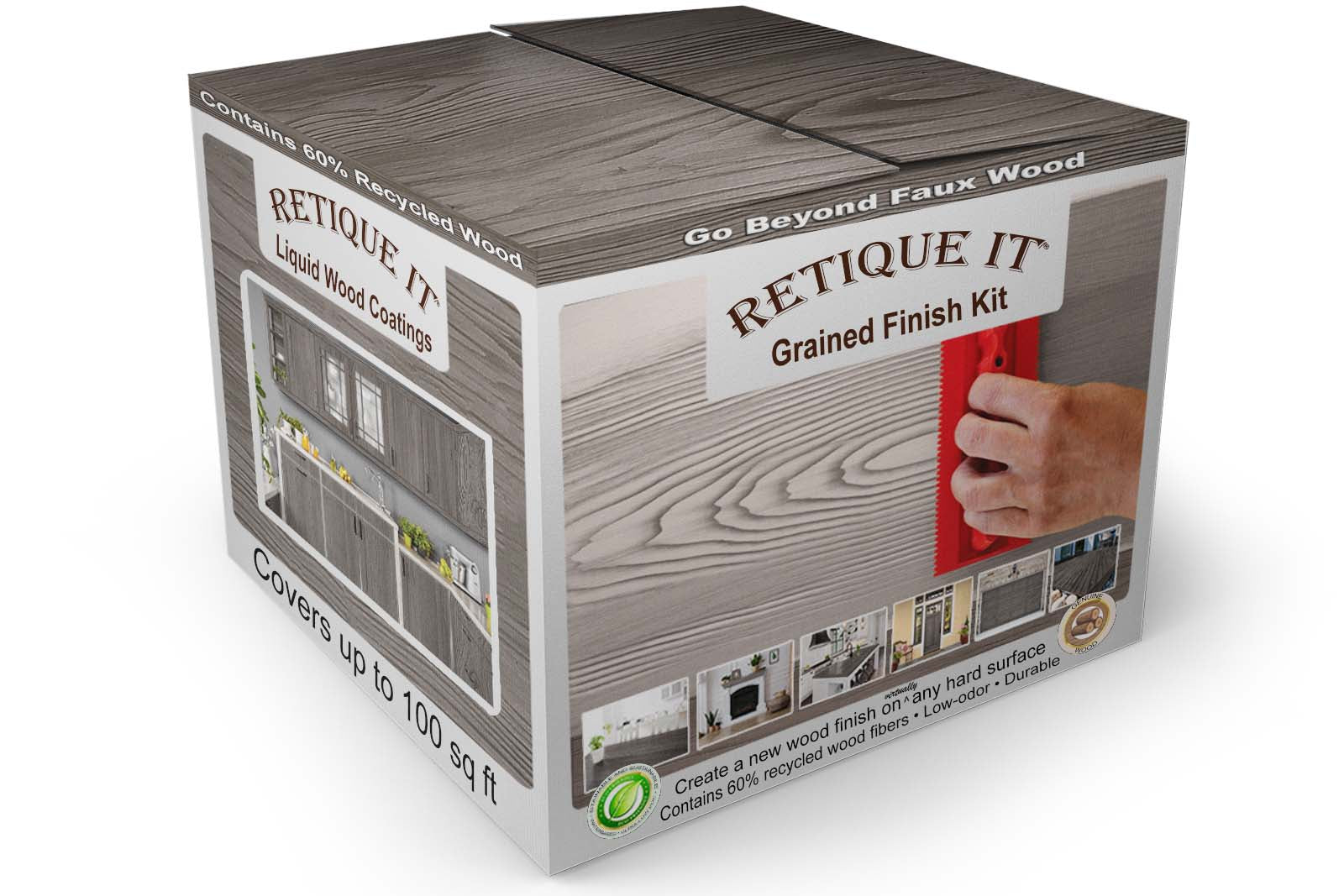 Large Harbor Gray Wood'n Finish Kit by Retique It for interior wood projects, includes box with various finishing tools and supplies.
