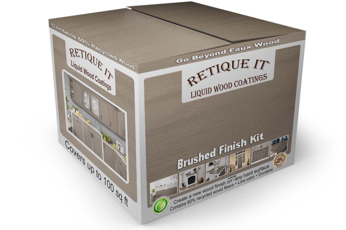 Large Harbor Gray Wood'n Finish Kit by Retique It for smooth interior wood top coating, includes tools and products in the box.
