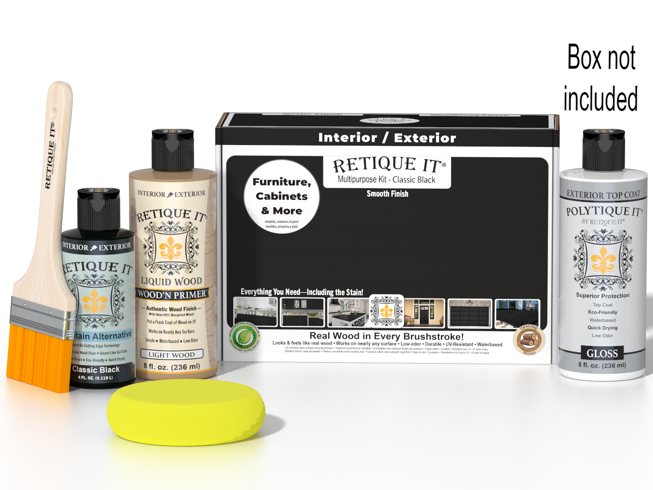 Retique It® Multi-purpose Smooth Finish Kit in Classic Black with exterior gloss top coat and wood finish applicator tools.