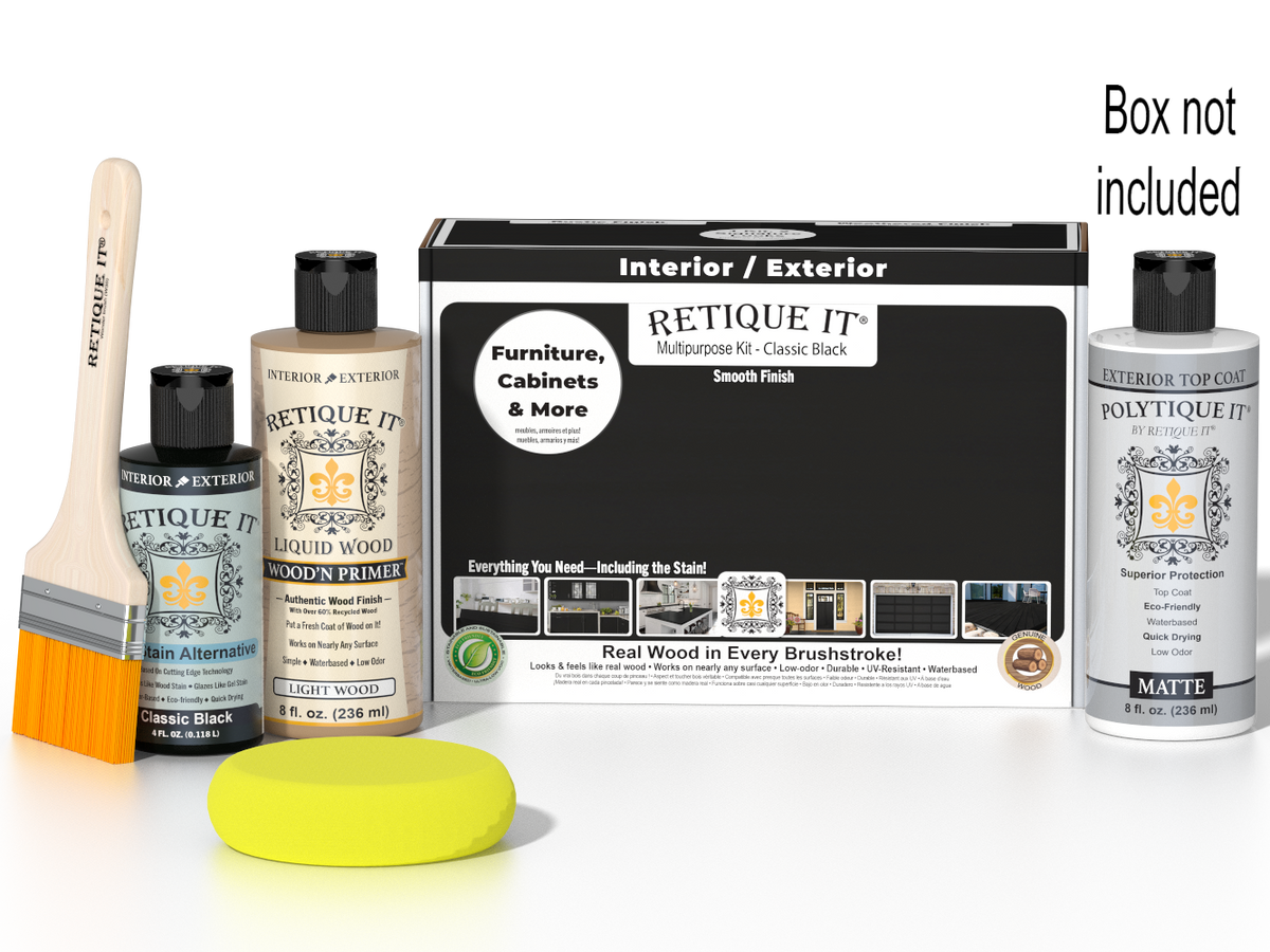 Retique It® Multi-purpose Smooth Finish Kit in Classic Black for exterior wood, includes top coat with a matte finish.