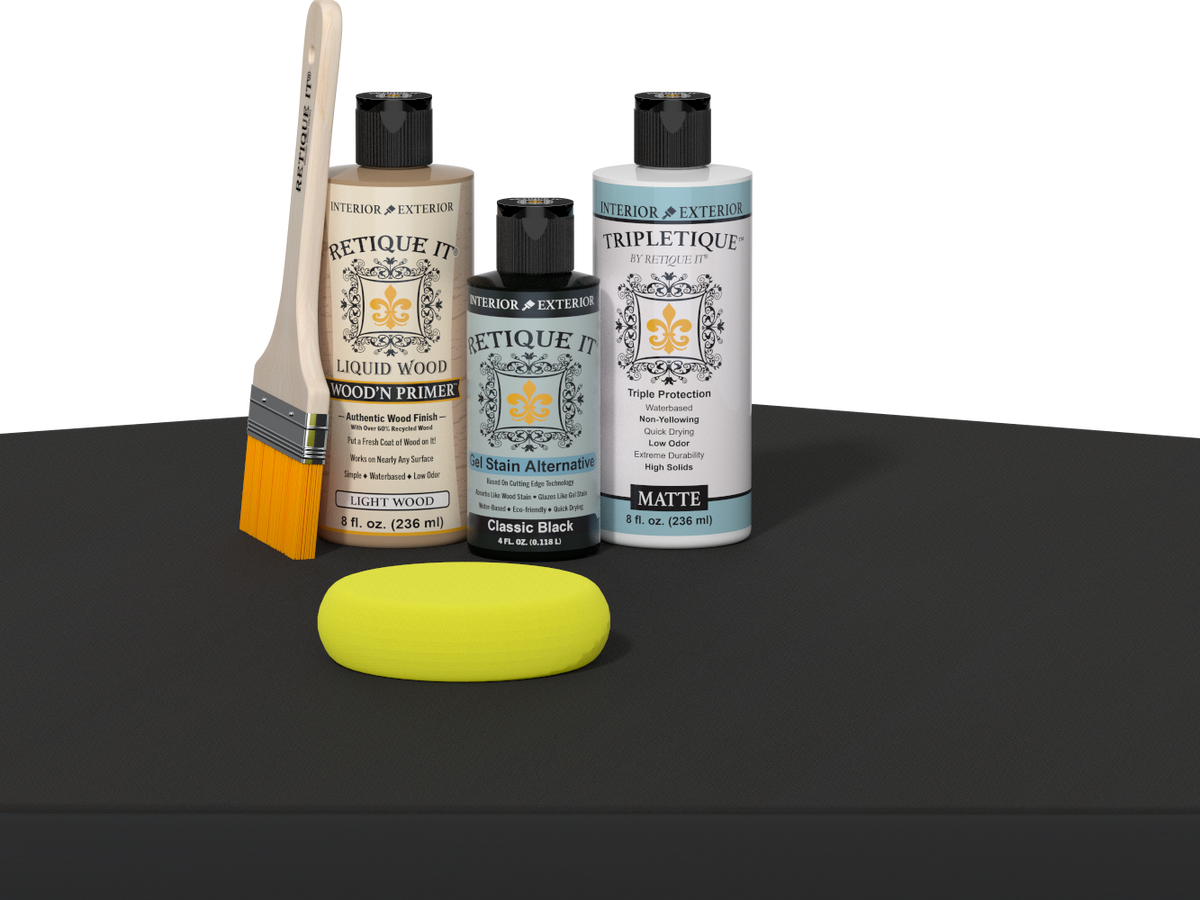 Retique It® Multi-purpose Smooth Finish Kit in Classic Black for interior wood surfaces, satin top coat applied to a table.
