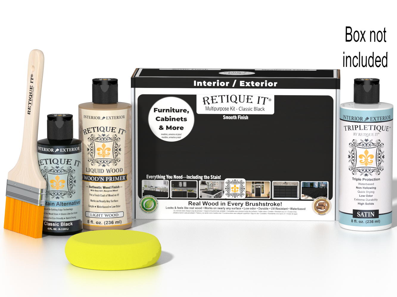 Retique It® Multi-purpose Smooth Finish Kit in classic black for interior wood projects, includes satin top coat and application tools.