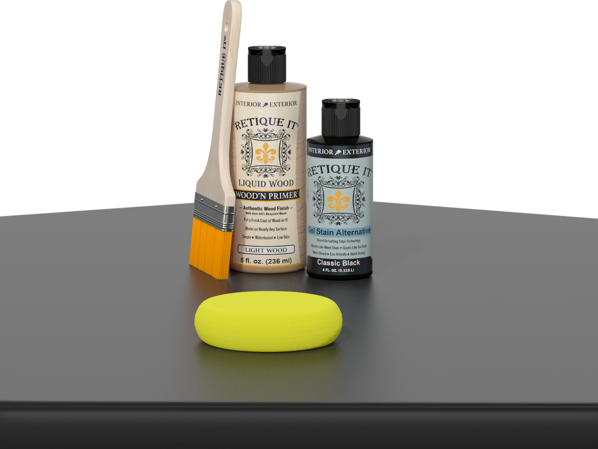Retique It® Multi-purpose Smooth Finish Kit in classic black, featuring wood finish tools and supplies on a table display.