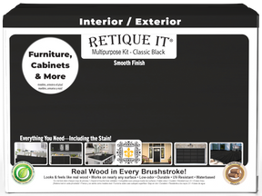 Retique It® Wood'n Finish Kit in classic black, multi-purpose smooth finish set with four large containers, front view of the box.
