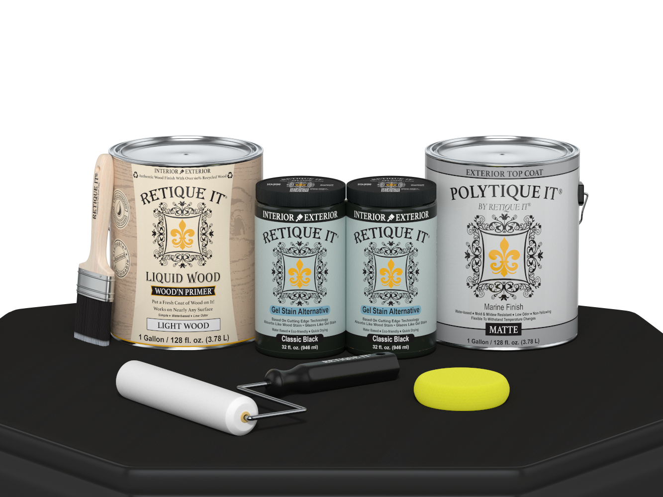 Retique It® Multi-purpose Smooth Finish Kit for wood, classic black exterior top coat, includes four large matte finish containers.