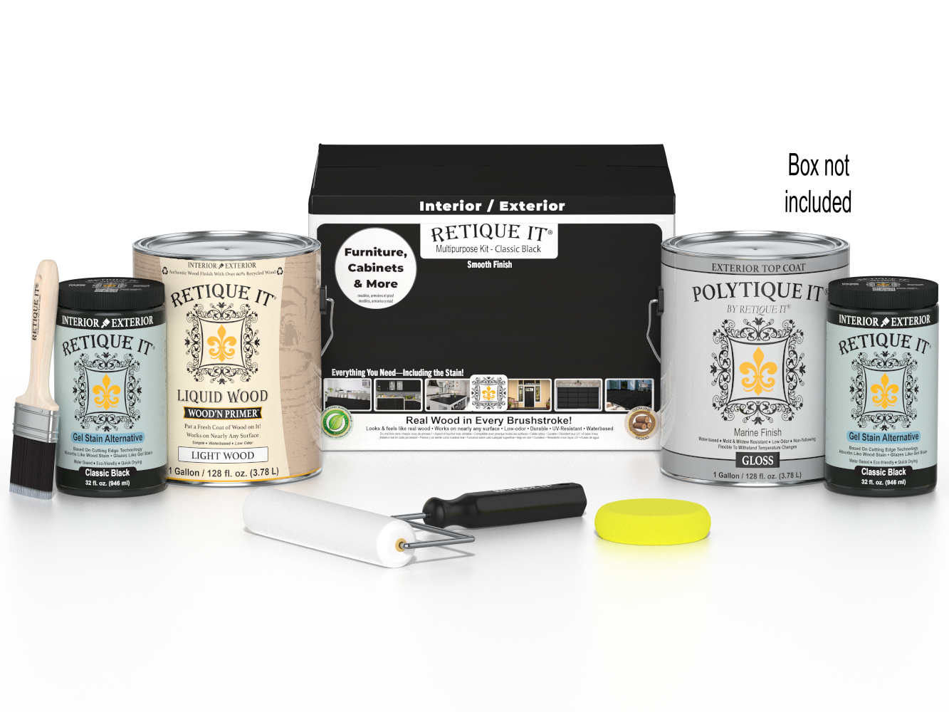 Retique It® wood finish kit with four large bottles of classic black exterior top coat for smooth, durable wood surface coating.