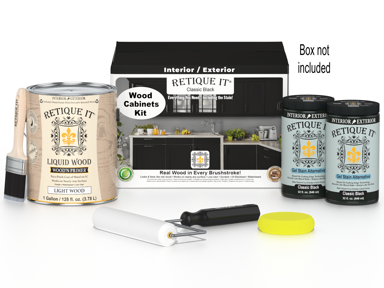 Retique It® Wood'n Cabinet Kit with 48 black smooth doors, stain finish, for classic black kitchen or bathroom cabinets.
