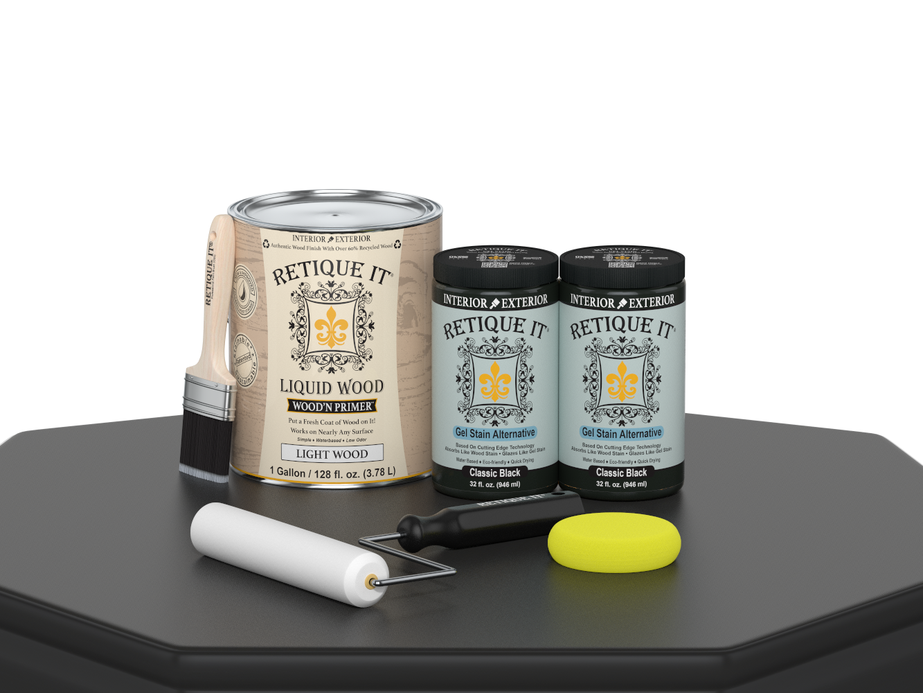 Retique It® Multi-purpose Smooth Finish Kit in classic black with four large wood finishing tools, shown on a table.