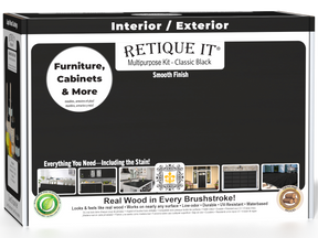 Retique It® Multi-purpose Smooth Finish Kit in Classic Black for wood finishing, includes tools and product components.
