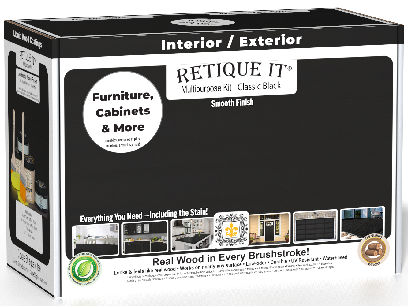 Retique It® Multi-purpose Smooth Finish Kit in classic black for interior woodworking, includes top coat and application tools.