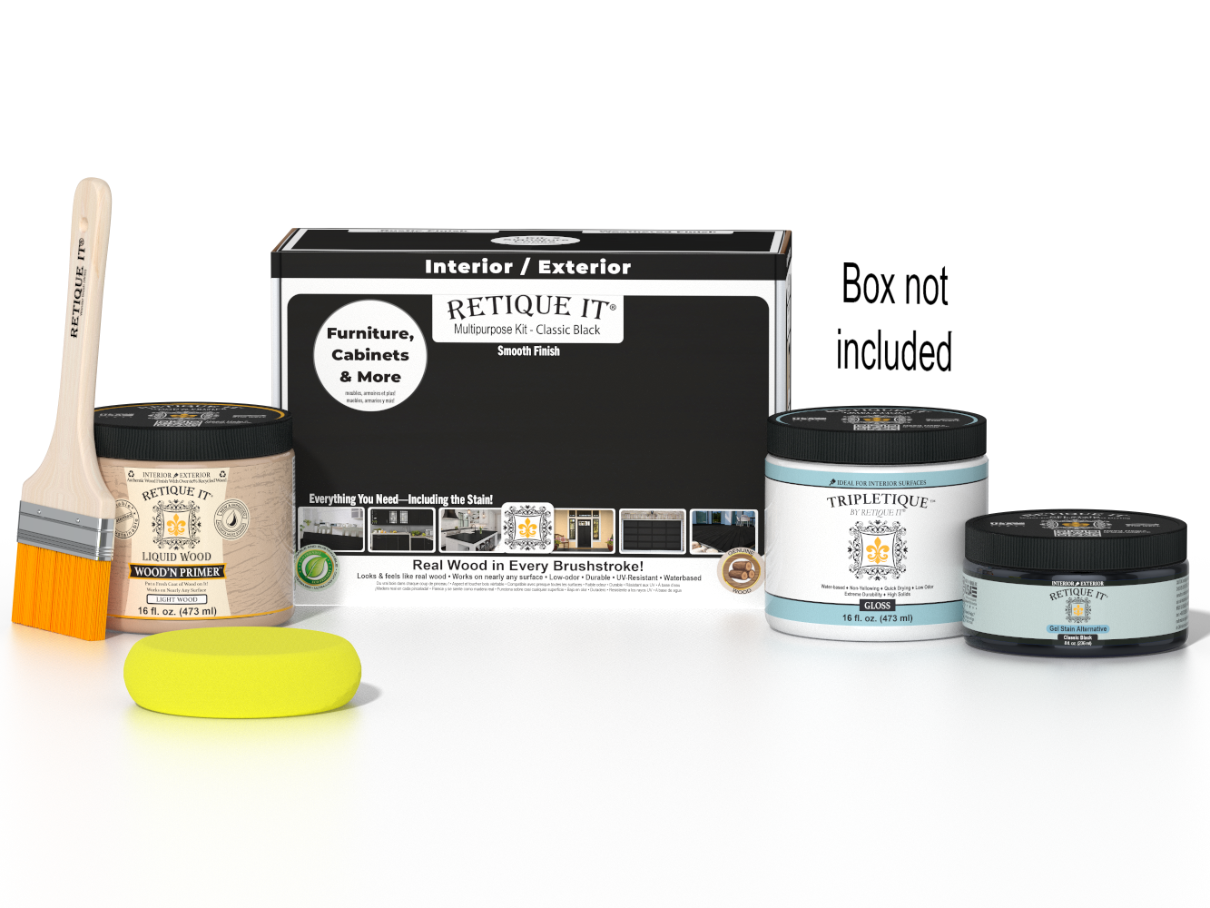 Retique It® Multi-purpose Smooth Finish Kit in classic black for interior wood top coat with gloss finish, includes application tools and box.
