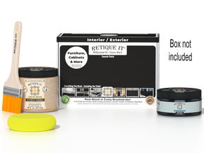 Retique It® Multi-purpose Smooth Finish Kit in classic black for wood furniture, includes application tools and finishing products.