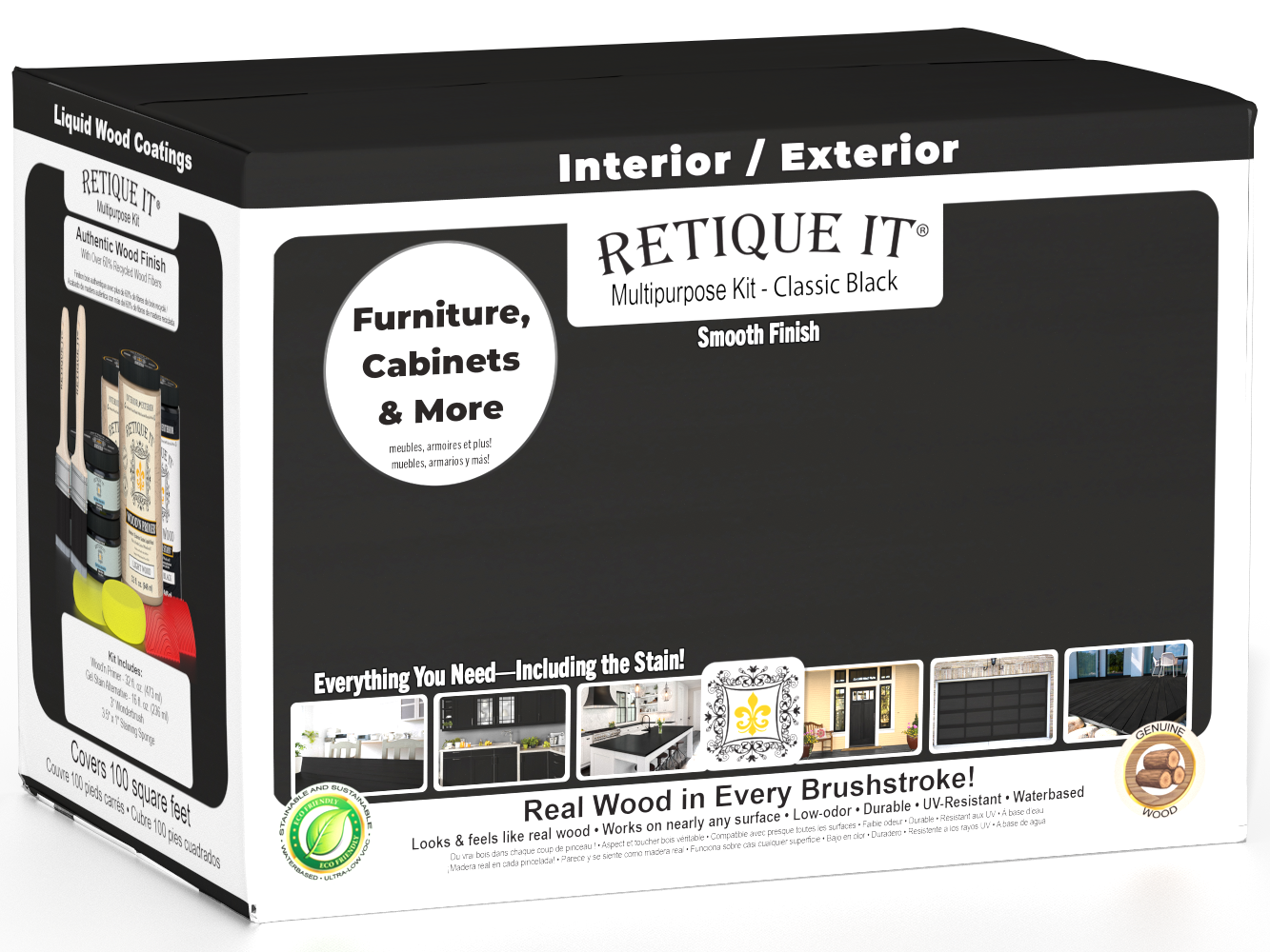 Retique It® Multi-purpose Smooth Finish Kit Large in classic black for wood exterior top coat with matte finish, includes application tools.