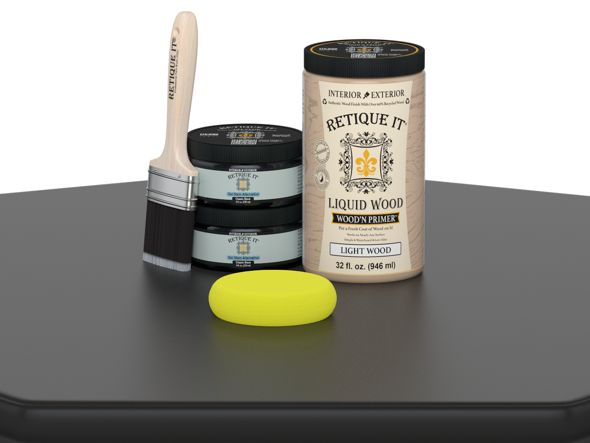 Large black wood finish kit from Retique It® for smooth, multi-purpose wood finishing projects, shown in a tabletop image.