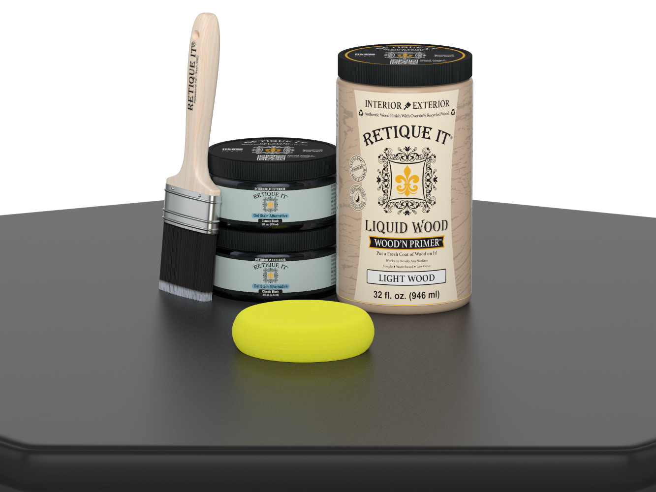 Large black wood finish kit from Retique It® for smooth, multi-purpose wood finishing projects, shown in a tabletop image.