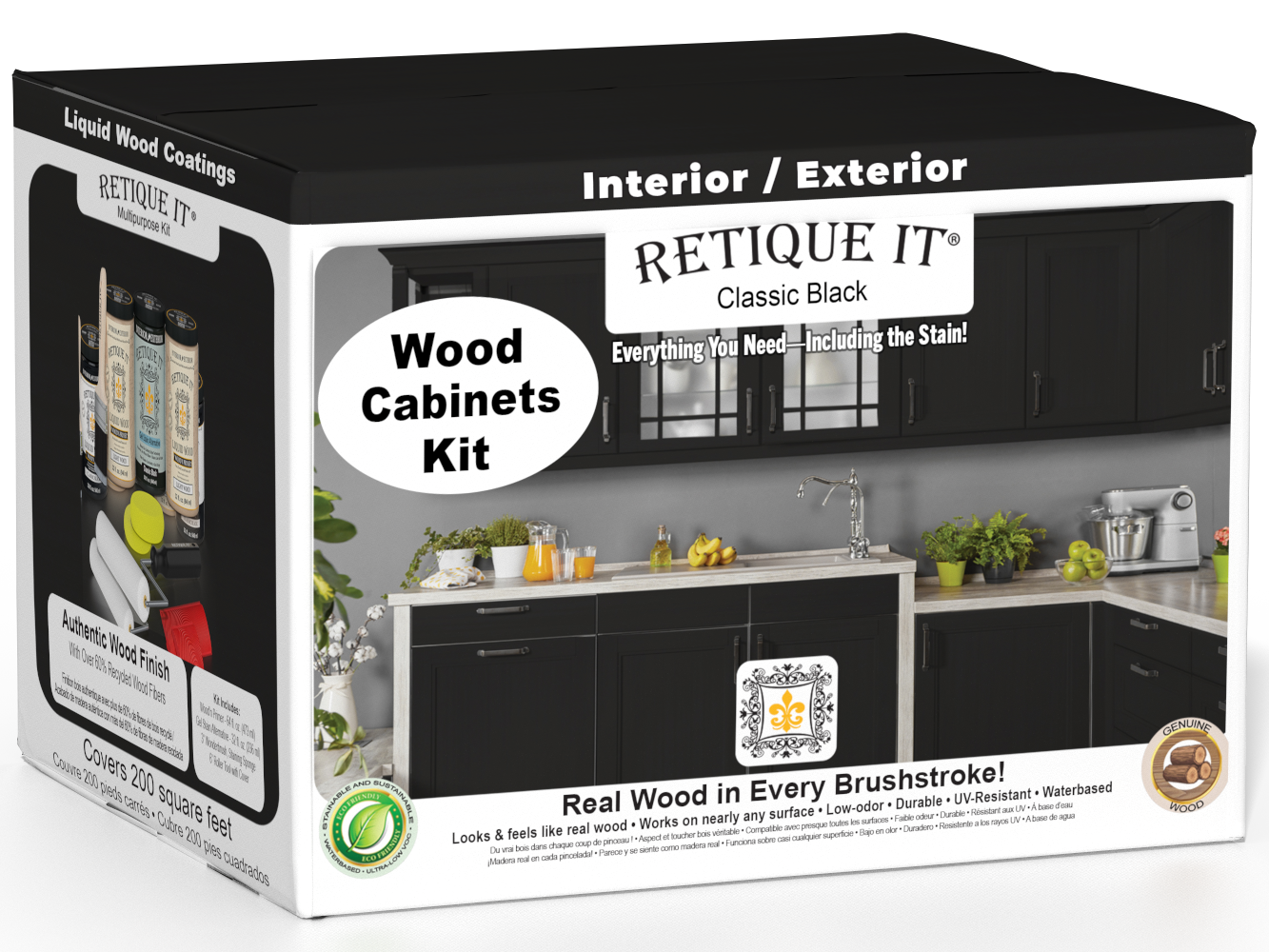 Retique It Wood'n Cabinet Kit with 24 black, smooth doors for classic kitchen storage, stained in a sleek black finish.