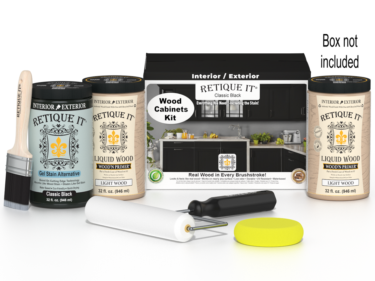 Retique It® Wood'n Cabinet Kit in classic black with 24 smooth stained cabinet doors, ideal for kitchen or bathroom renovation.