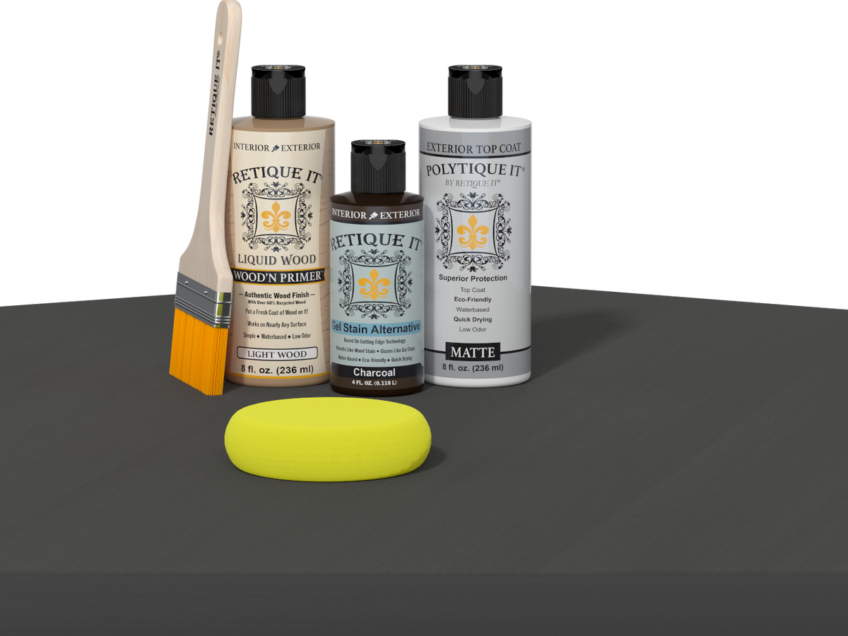 Retique It® Multi-purpose Smooth Finish Kit in Charcoal for exterior wood projects, includes top coat for a sleek finish.