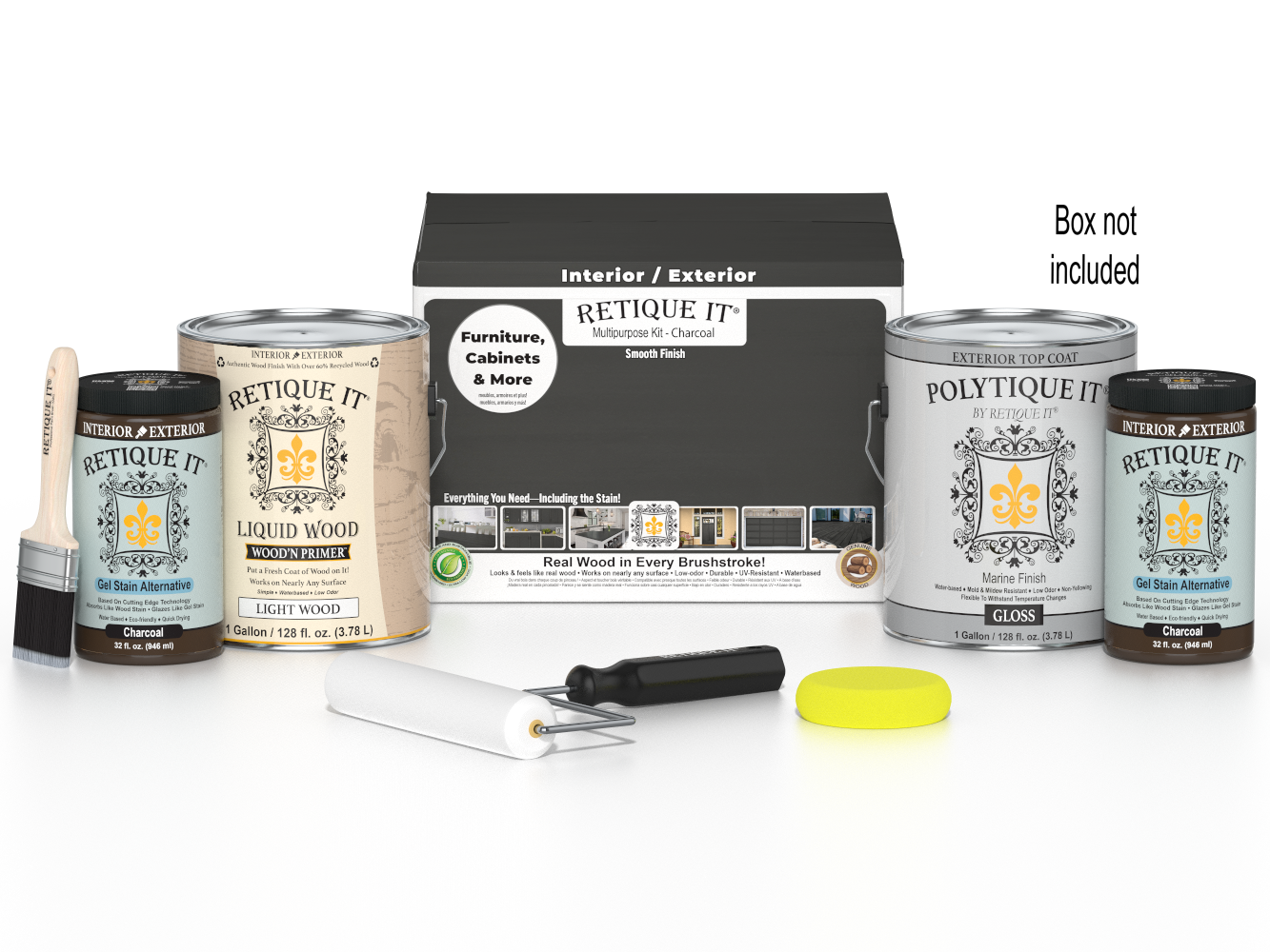 Retique It® Wood'n Finish Kit with four large exterior charcoal top coat containers, smooth wood finish for outdoor projects.