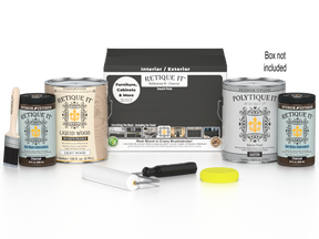 Retique It® Wood'n Finish Kit in Charcoal, large multi-purpose exterior top coat set with four bottles and application tools.