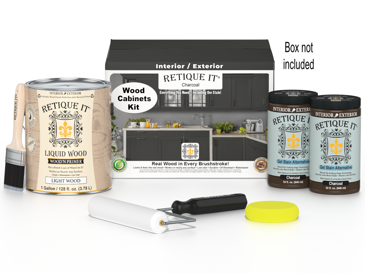 Retique It® Wood'n Cabinet Kit with 48 charcoal-colored doors, smooth stain finish, shown in a box image for cabinetry renovation.