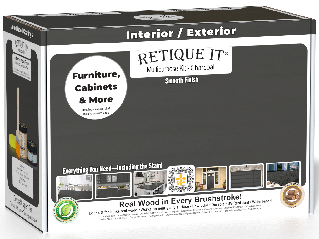 Retique It® Multi-purpose Smooth Finish Kit (Med) in charcoal for interior wood projects, includes top coat and application tools.