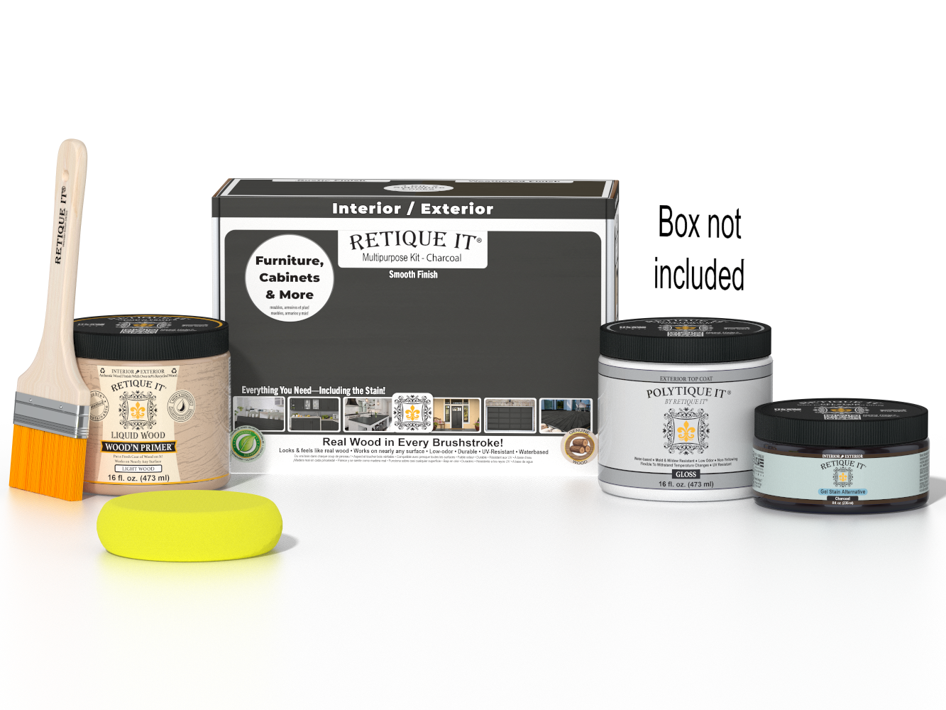 Retique It® Multi-purpose Smooth Finish Kit in charcoal for exterior wood top coating, includes application tools and product container.
