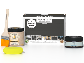 Retique It® wood finishing kit with charcoal-colored smooth finish, including applicators and tools for multi-purpose use.