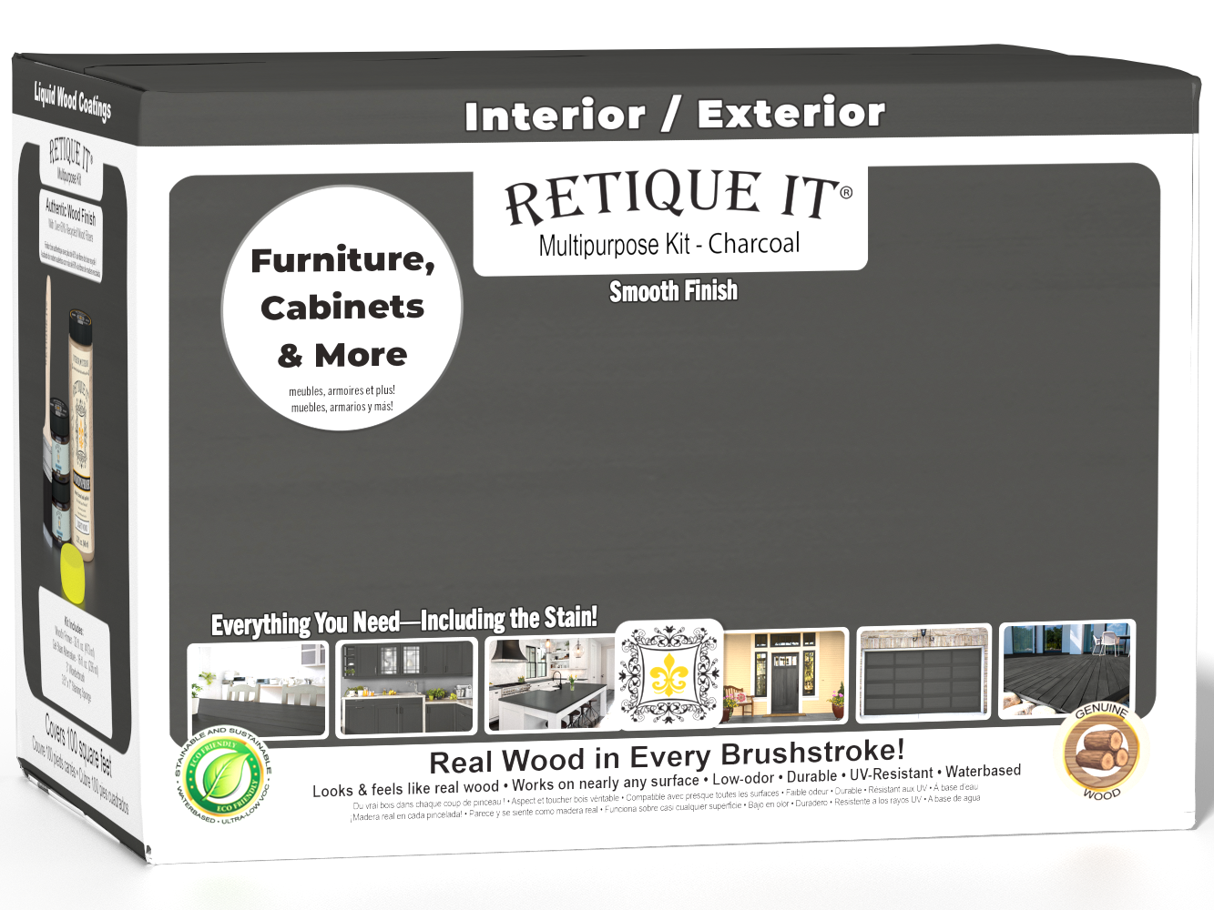 Large Charcoal Wood'n Finish Kit exterior top coat in a box, includes tools for applying a smooth, durable finish on wood surfaces.