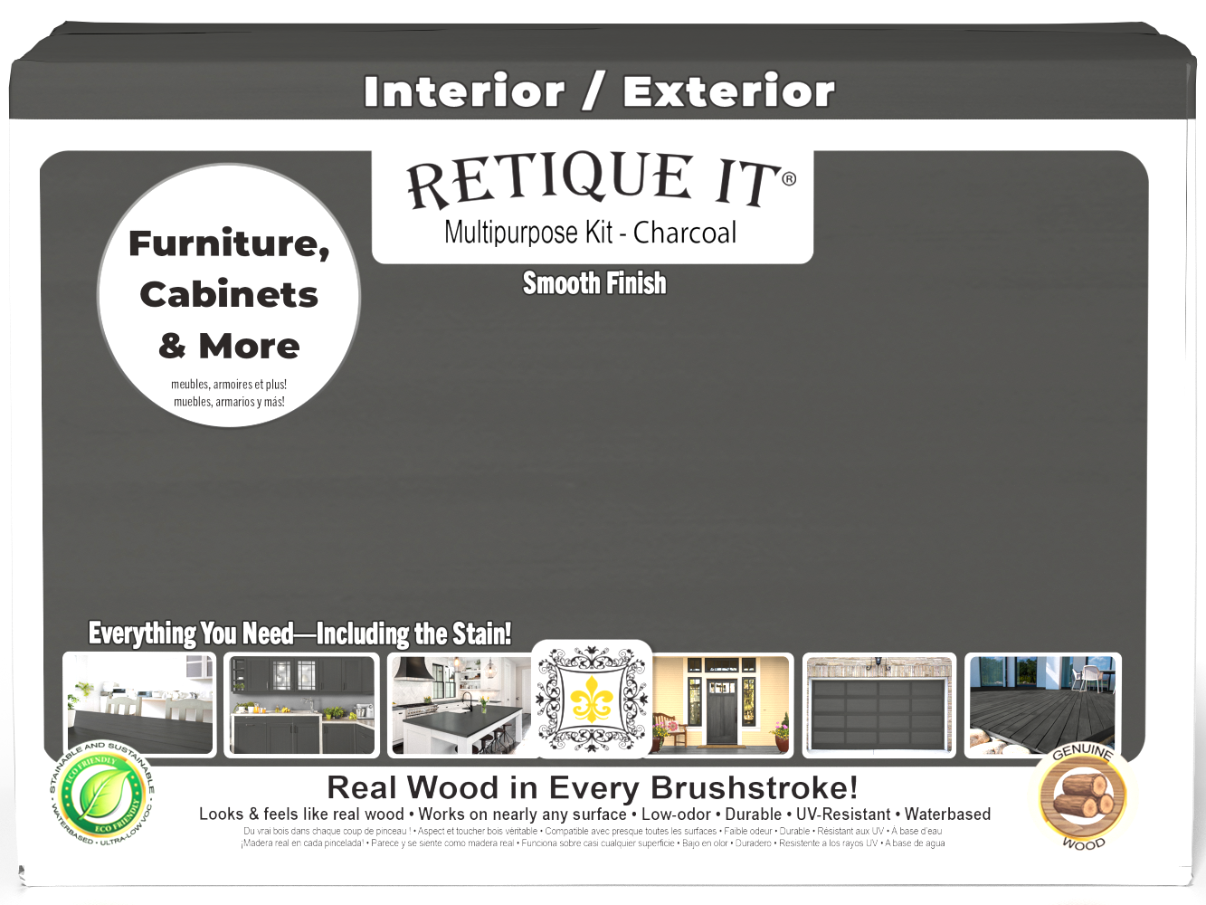 Retique It® Wood'n Cabinet Kit with 12 smooth charcoal stained cabinet doors, designed for easy application and a sleek finish.