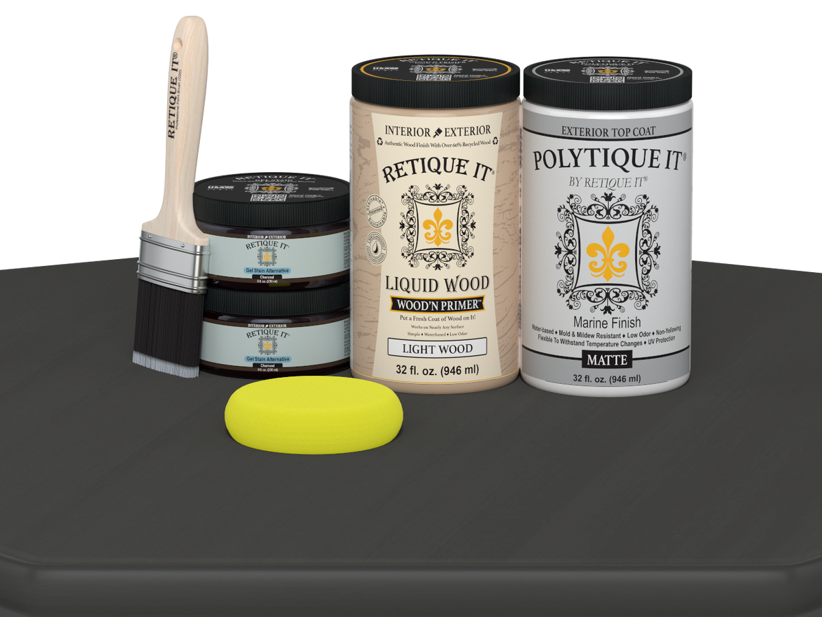 Large charcoal wood finish kit from Retique It® with smooth exterior top coat and matte finish, including brushes and applicators.