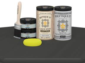 Large charcoal wood finish kit from Retique It® with smooth exterior top coat and matte finish, including brushes and applicators.