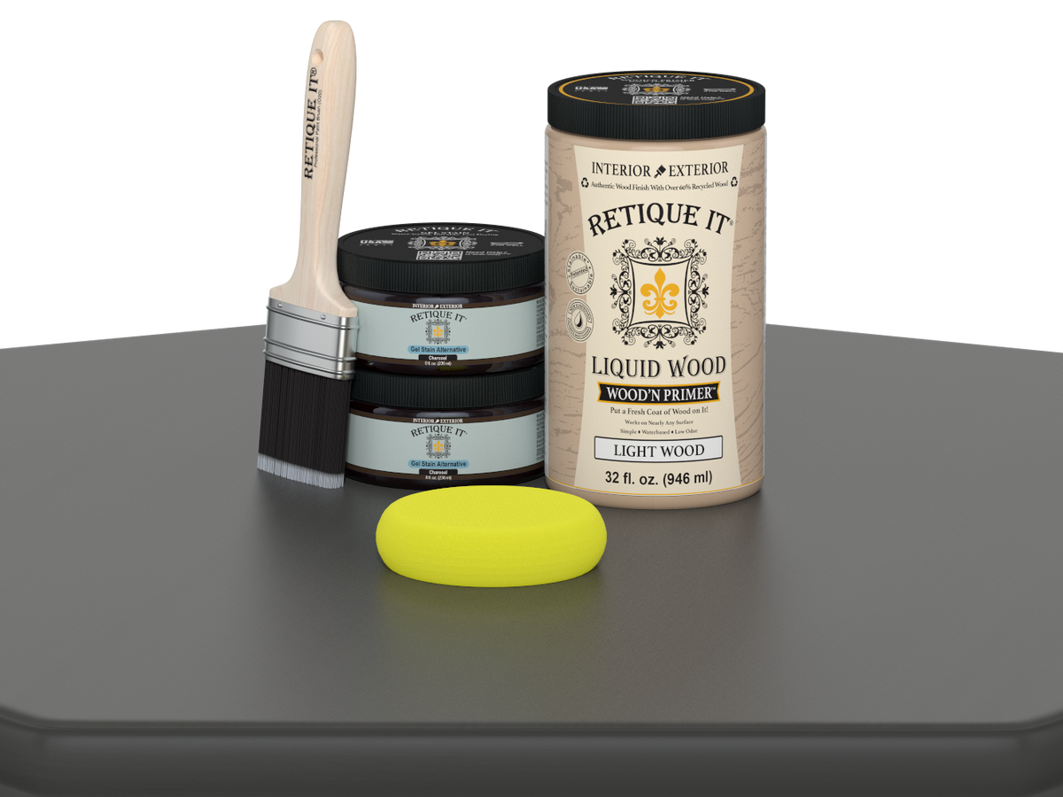 Retique It® Multi-purpose Smooth Finish Kit (Large) in Charcoal for wood finishing, shown in a table setting.